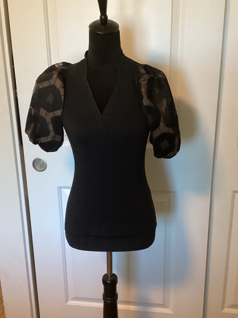 Anne Fontaine Vintage Black V-Neck Puff-Sleeve Women's Blouse 2 (36)